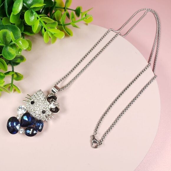 Brand New Hello Kitty Silver Rhinestone Blue Crystal Necklace - Picture 3 of 7